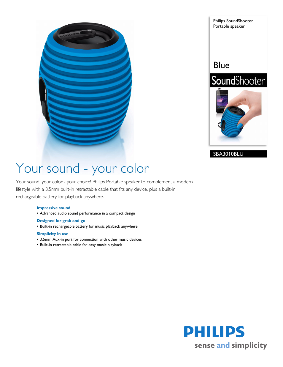 Philips SoundShooter Portable speaker SBA3010BLU Blue User Manual | 2 pages