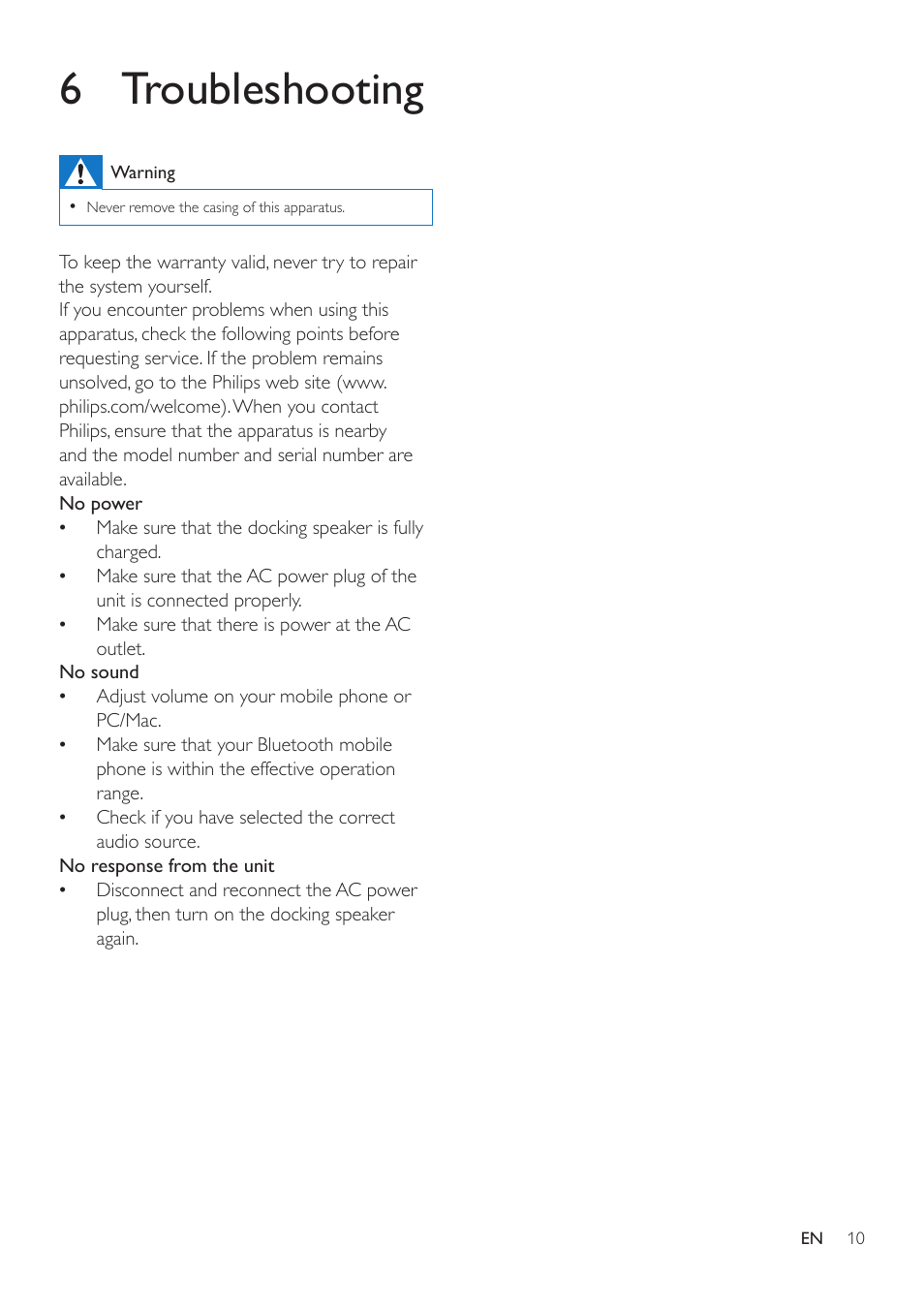 6 troubleshooting | Philips DS7880-37 User Manual | Page 10 / 11