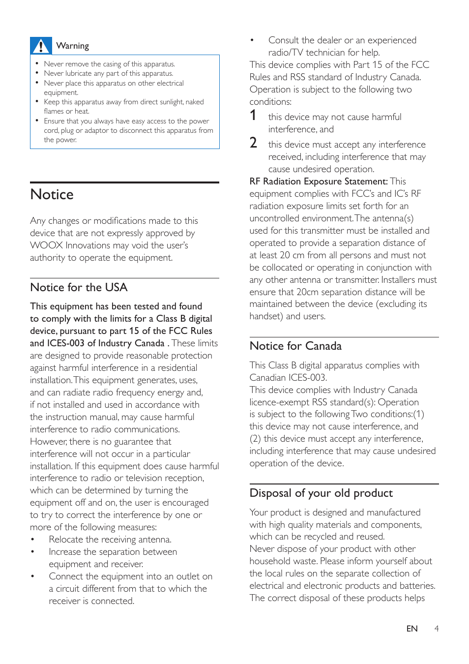 Notice, Notice for the usa, Notice for canada | Disposal of your old product | Philips DS7880-37 User Manual | Page 4 / 11