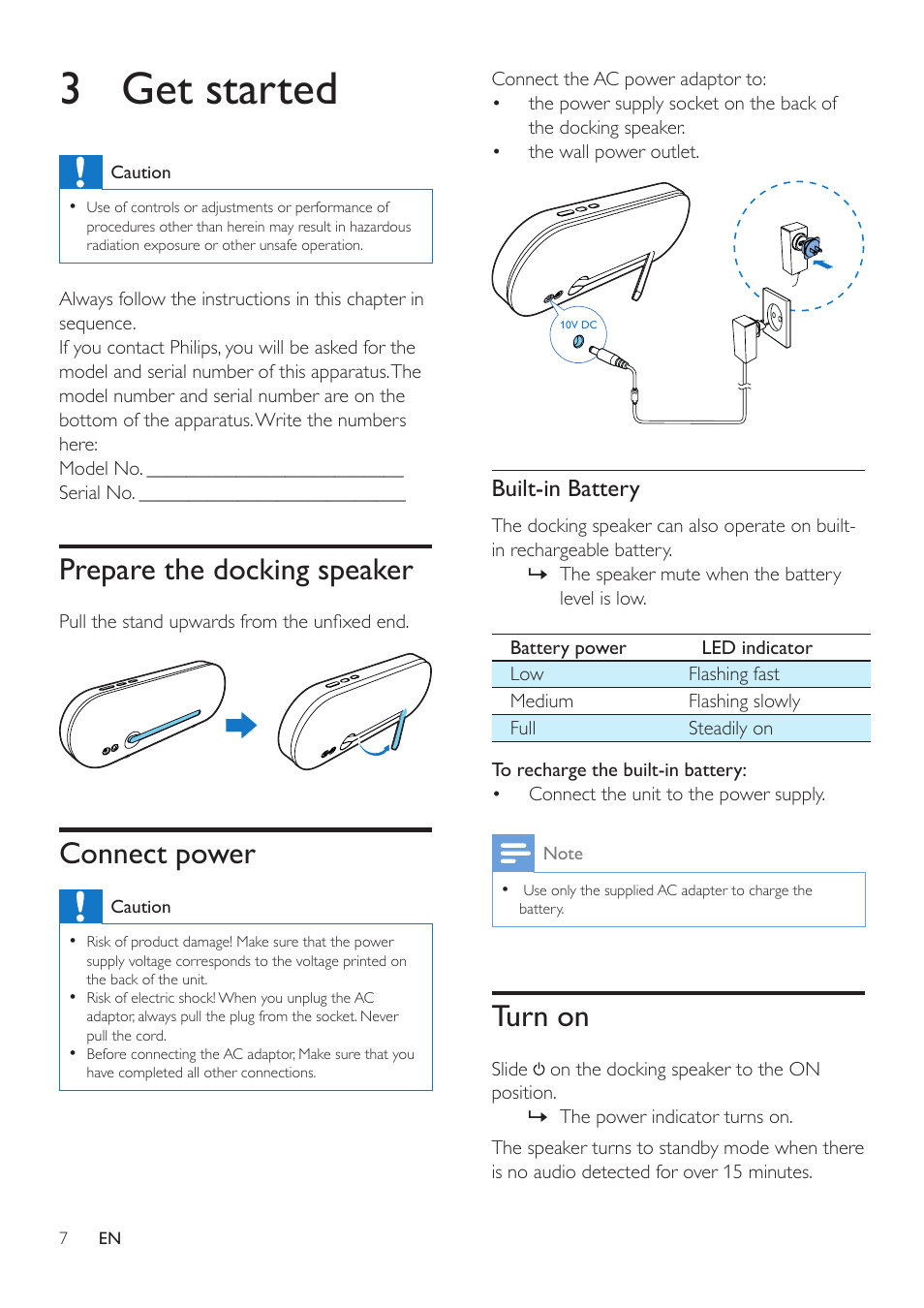 3 get started, Prepare the docking speaker, Connect power | Turn on | Philips DS7880-37 User Manual | Page 7 / 11