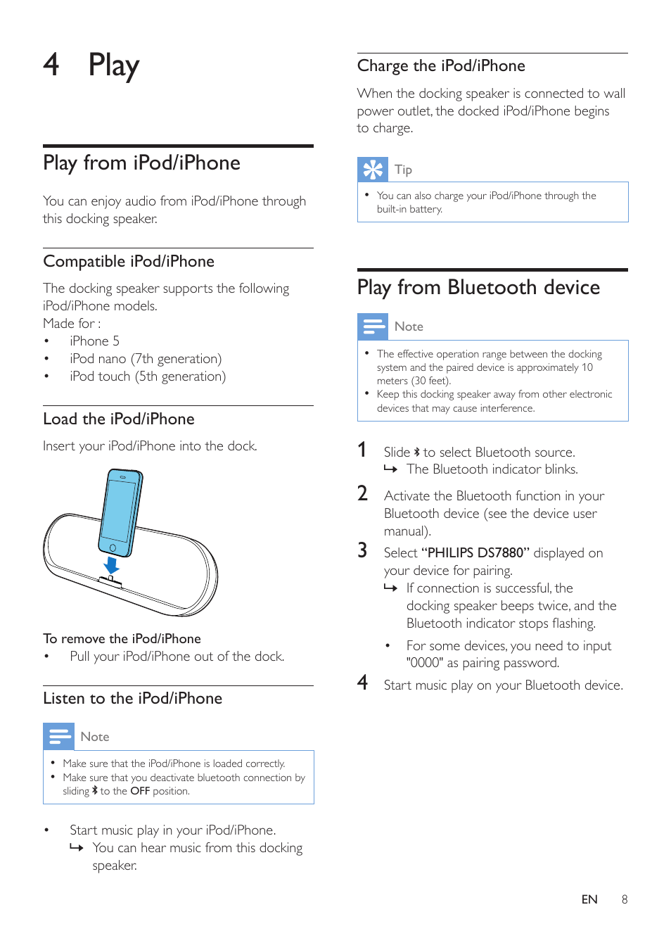 4 play, Play from ipod/iphone, Play from bluetooth device | Philips DS7880-37 User Manual | Page 8 / 11