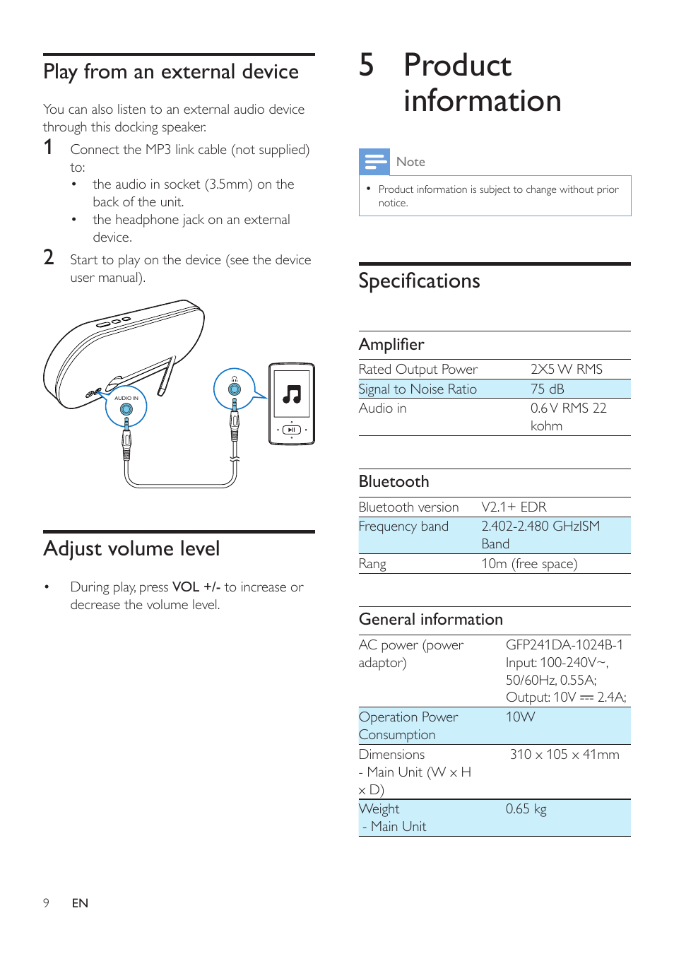 5 product information, Play from an external device, Adjust volume level | Specifications | Philips DS7880-37 User Manual | Page 9 / 11