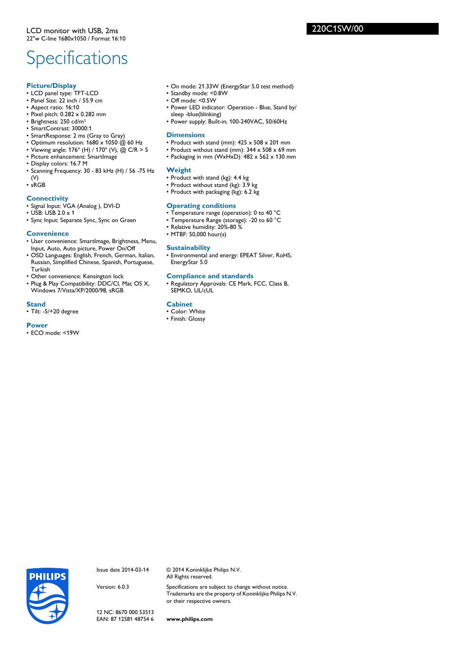 Specifications | Philips 220C1SW-00 User Manual | Page 3 / 3