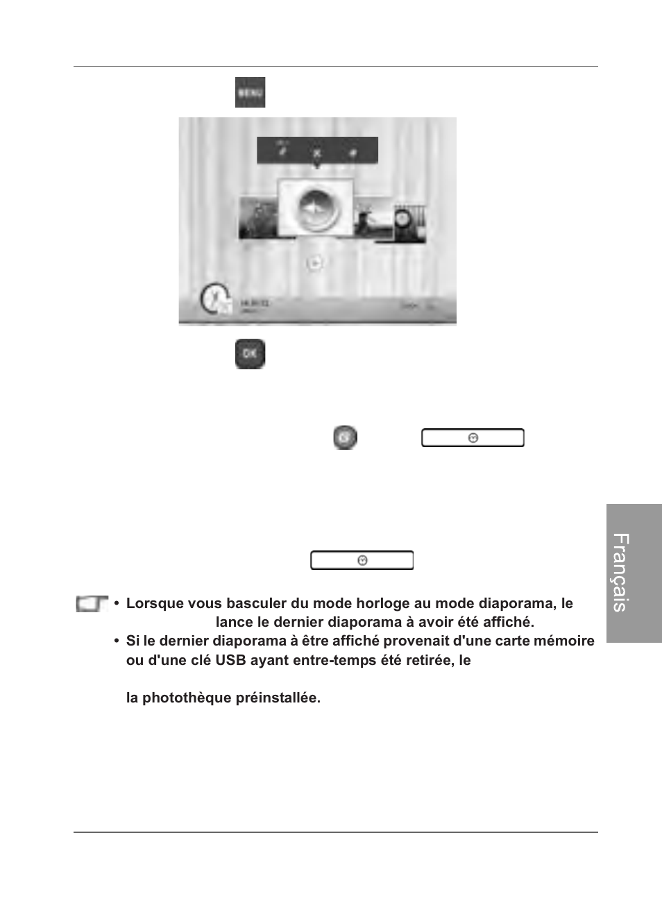 Basculement entre les modes horloge et diaporama, Franç ai s | Philips SPF4480X-G7 User Manual | Page 190 / 210