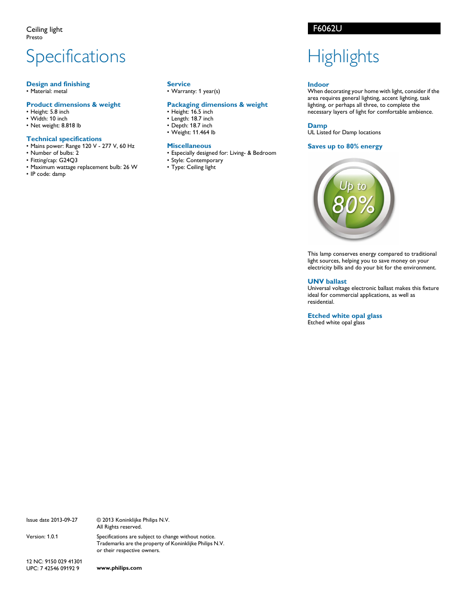 Specifications, Highlights, F6062u | Philips F6062U User Manual | Page 2 / 2