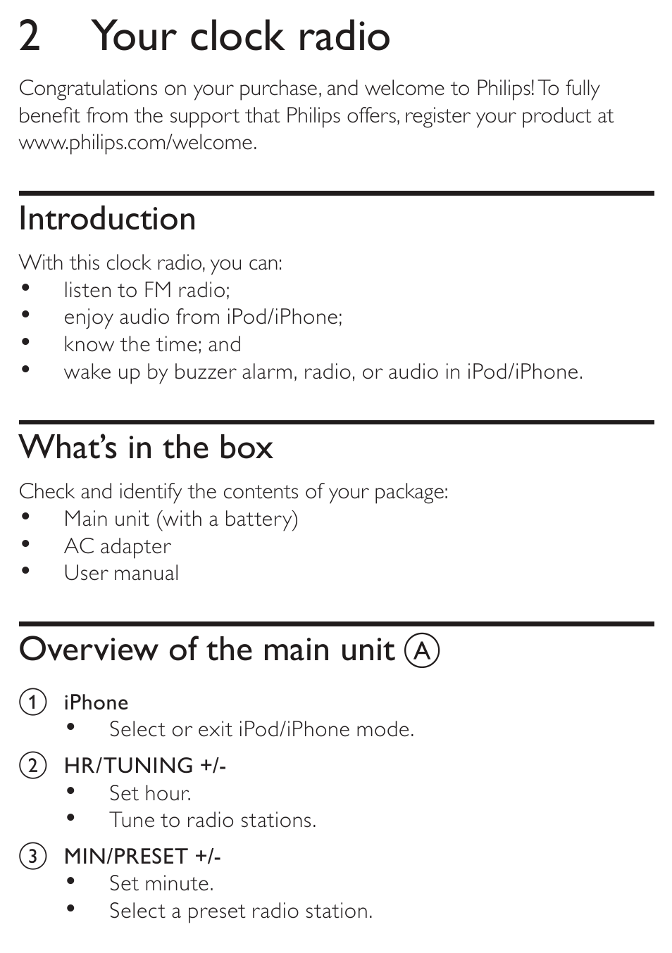 2 your clock radio, Introduction, What’s in the box | Overview of the main unit | Philips AJ3270D-37 User Manual | Page 10 / 28