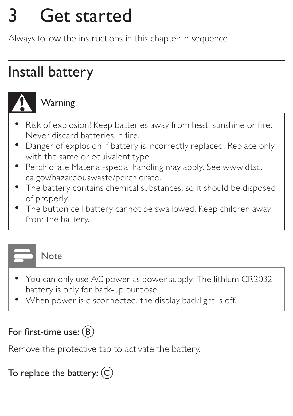 3 get started, Install battery | Philips AJ3270D-37 User Manual | Page 12 / 28