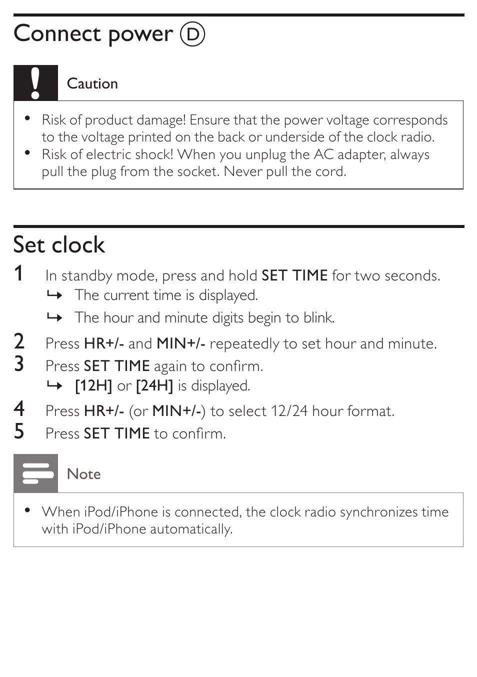 Connect power, Set clock | Philips AJ3270D-37 User Manual | Page 13 / 28