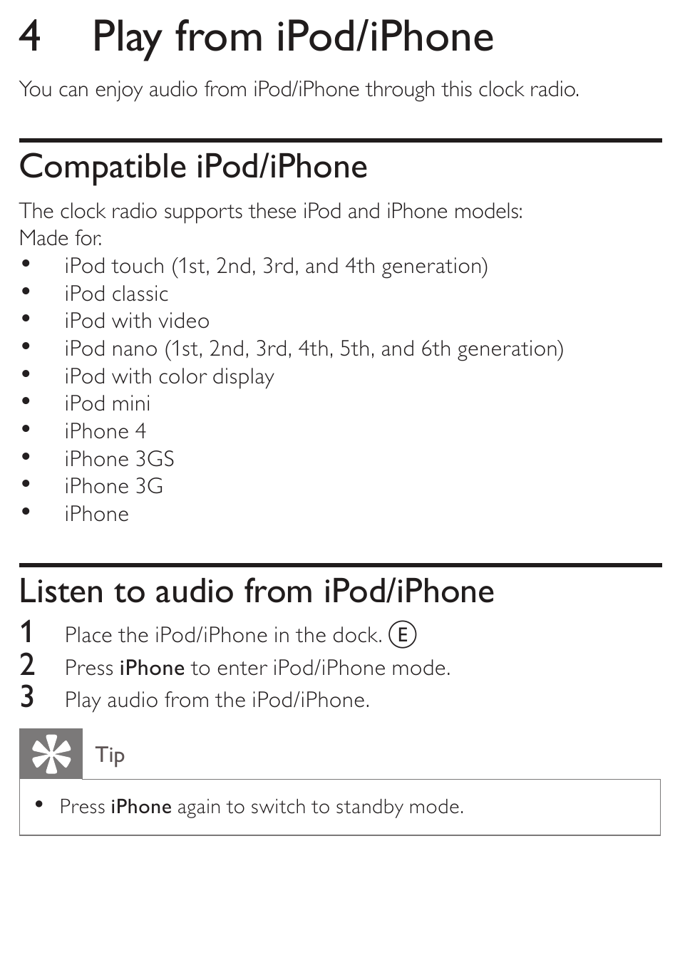 4 play from ipod/iphone, Compatible ipod/iphone, Listen to audio from ipod/iphone | Philips AJ3270D-37 User Manual | Page 14 / 28