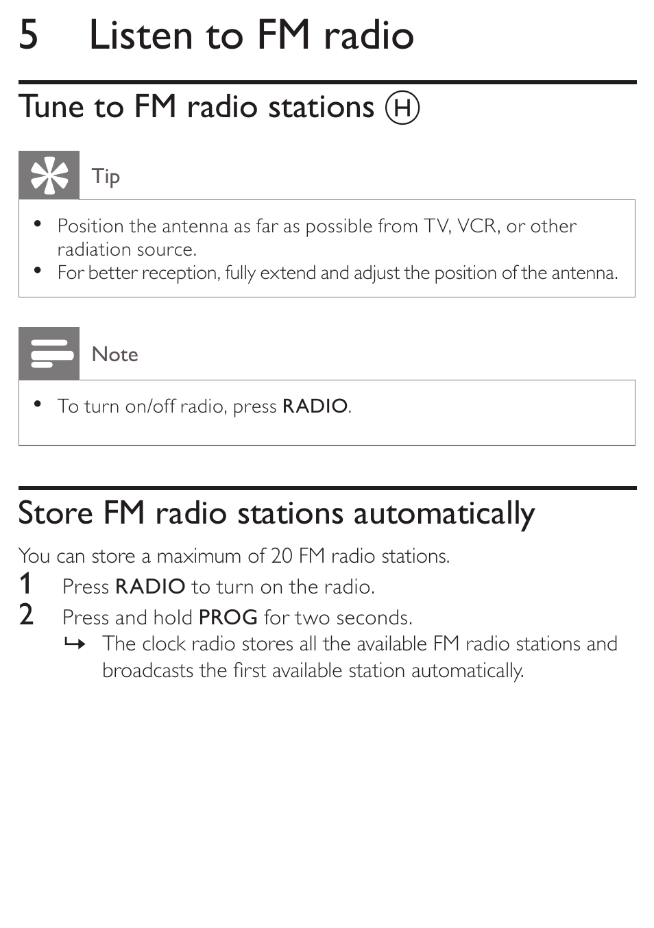 5 listen to fm radio, Tune to fm radio stations, Store fm radio stations automatically | Philips AJ3270D-37 User Manual | Page 16 / 28