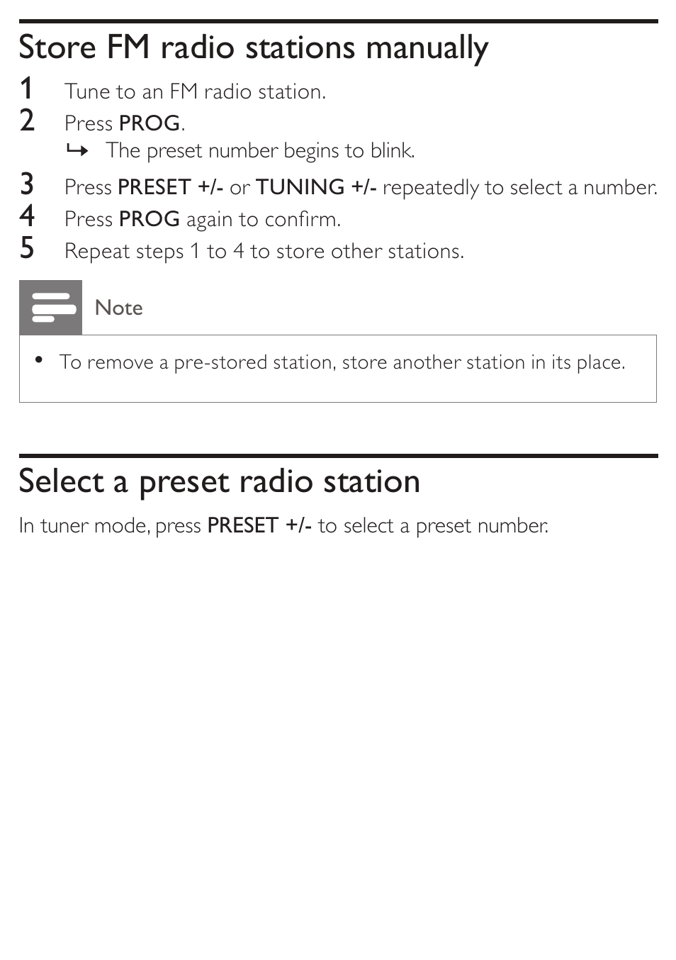Store fm radio stations manually, Select a preset radio station | Philips AJ3270D-37 User Manual | Page 17 / 28