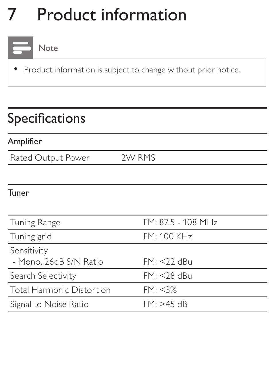 7 product information, Specifications | Philips AJ3270D-37 User Manual | Page 21 / 28