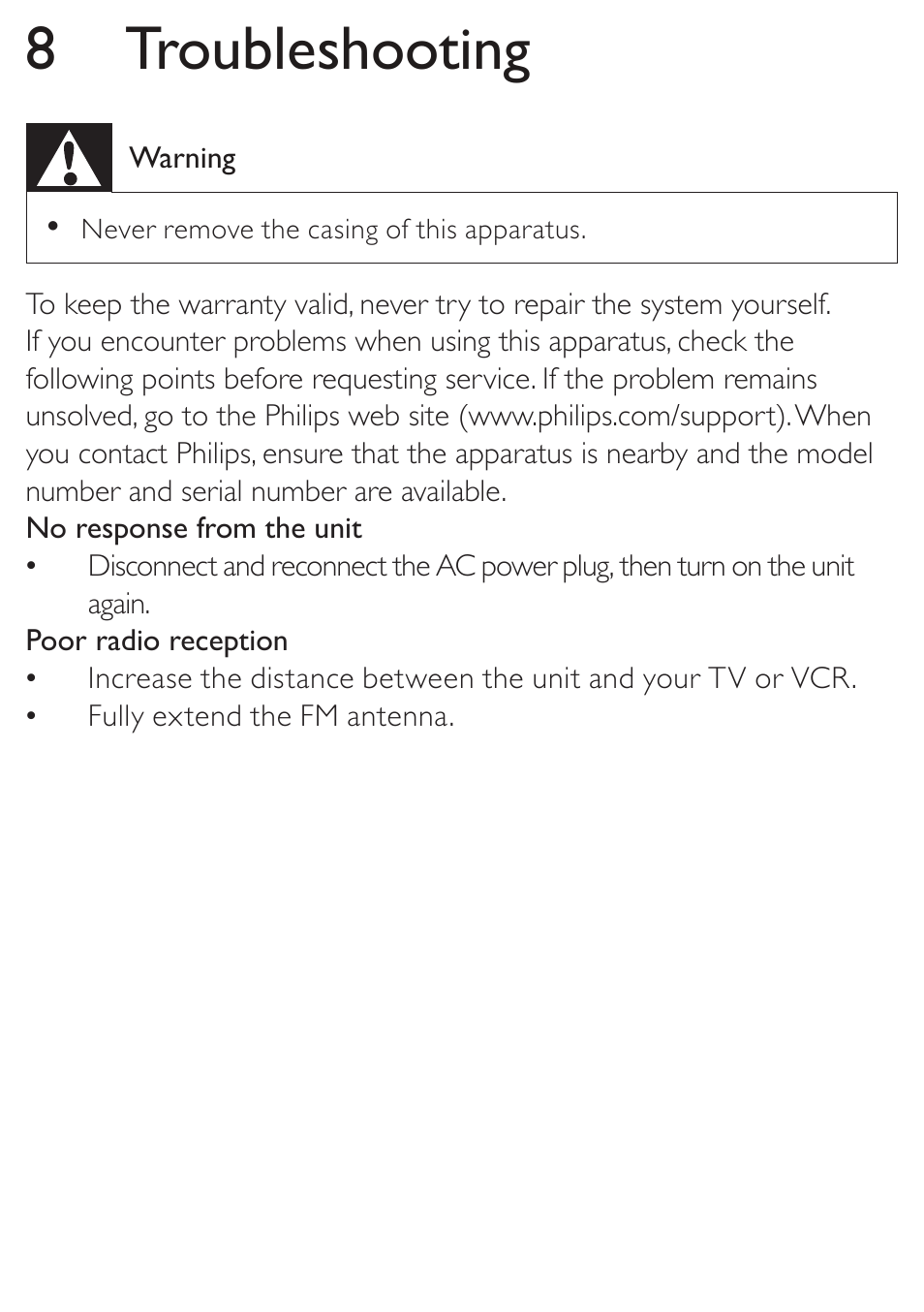 8 troubleshooting | Philips AJ3270D-37 User Manual | Page 23 / 28
