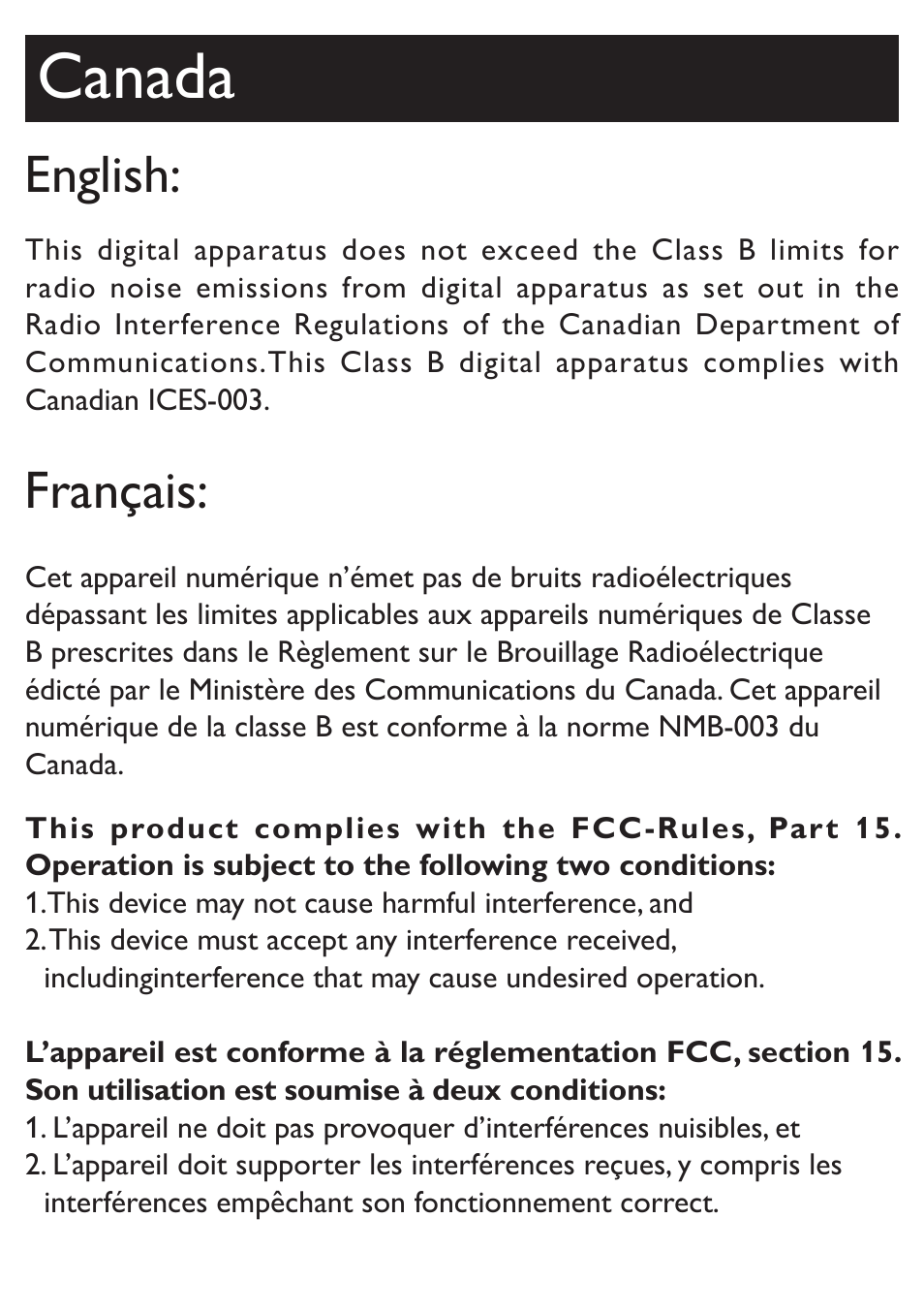 Canada, English, Français | Philips AJ3270D-37 User Manual | Page 7 / 28