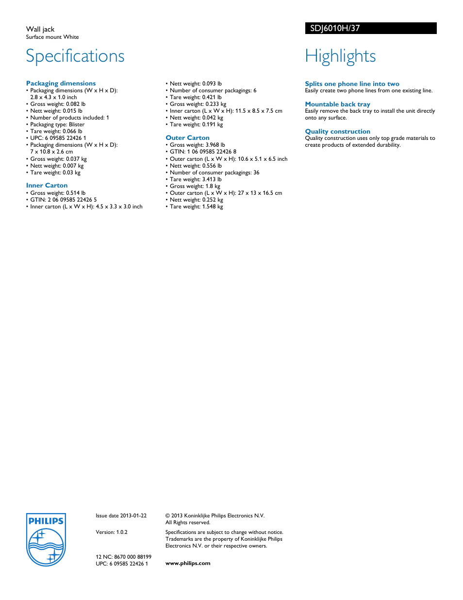 Specifications, Highlights | Philips SDJ6010H-37 User Manual | Page 2 / 2