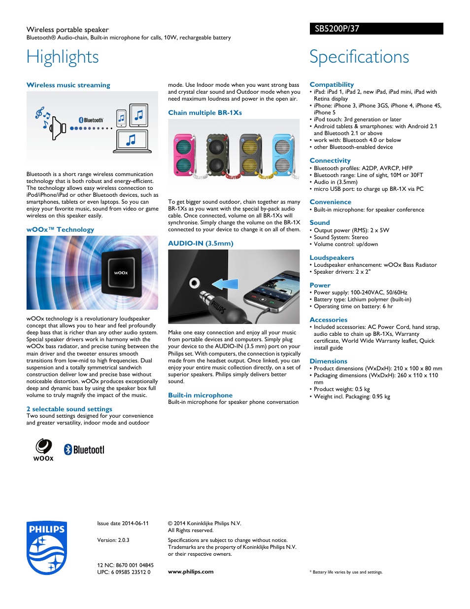 Highlights, Specifications | Philips SB5200P-37 User Manual | Page 2 / 2