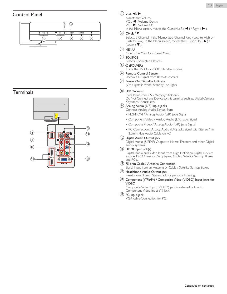 Control panel, Terminals | Philips 3000 series LED-LCD TV 32PFL3509 32" class-po User Manual | Page 10 / 39