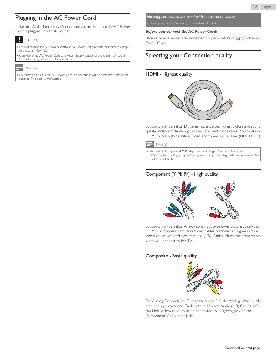 Plugging in the ac power cord, Selecting your connection quality, Hdmi - highest quality | Component (y pb pr) - high quality, Composite - basic quality | Philips 3000 series LED-LCD TV 32PFL3509 32" class-po User Manual | Page 12 / 39