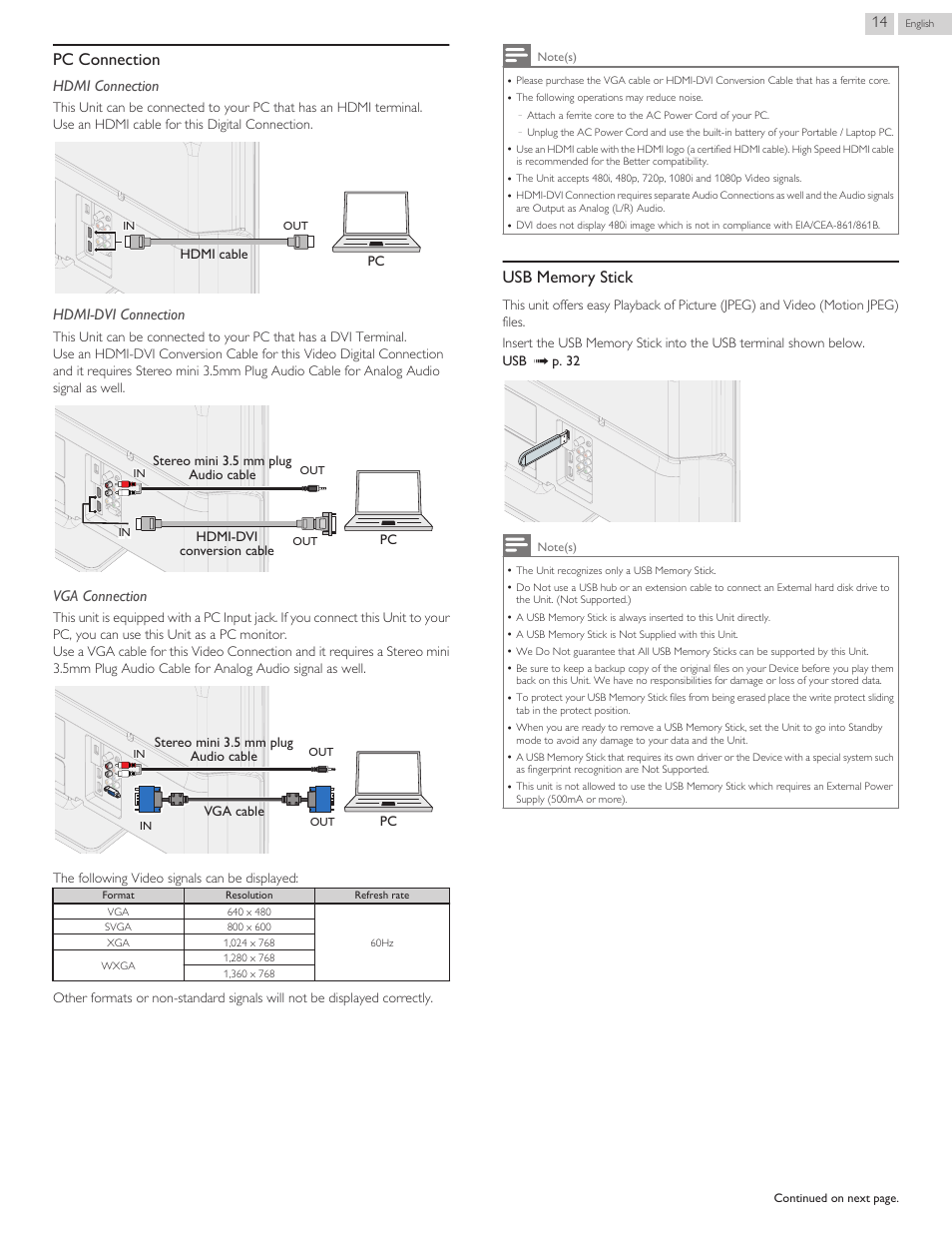 Pc connection, Usb memory stick, Hdmi connection | Hdmi-dvi connection, Vga connection | Philips 3000 series LED-LCD TV 32PFL3509 32" class-po User Manual | Page 14 / 39