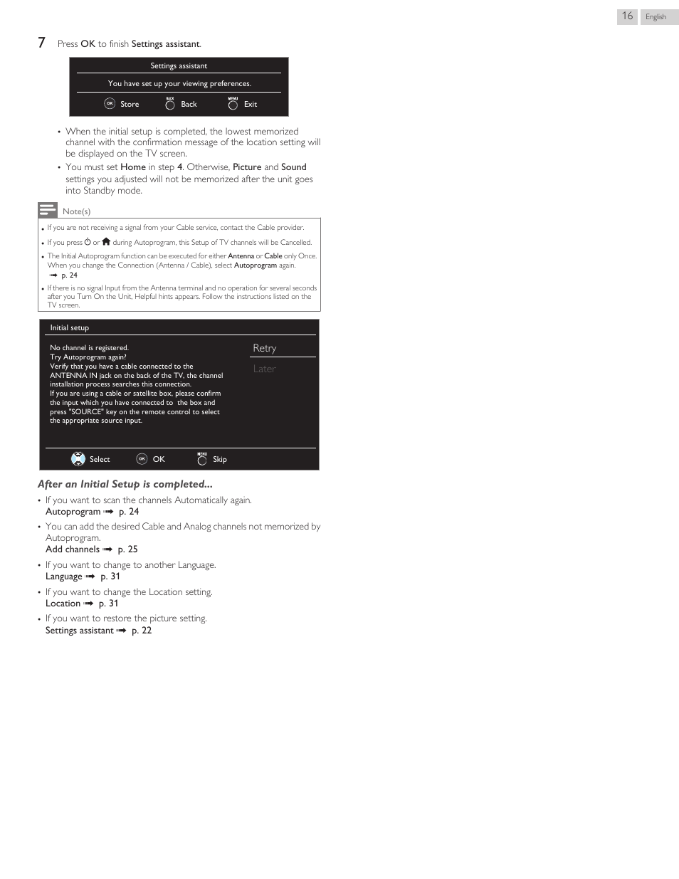 Later retry, After an initial setup is completed | Philips 3000 series LED-LCD TV 32PFL3509 32" class-po User Manual | Page 16 / 39