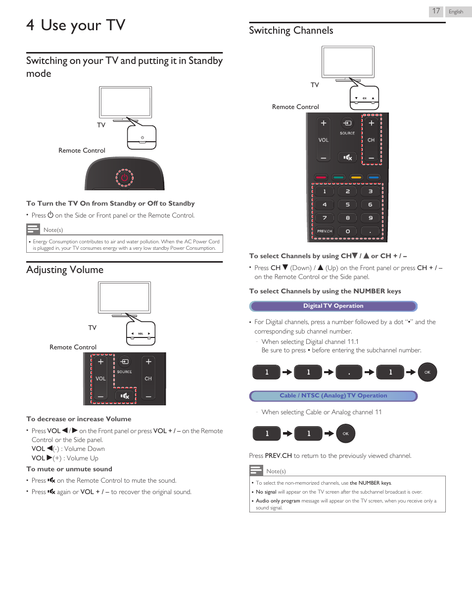 Use your tv, Adjusting volume, Switching channels | 4 use your tv | Philips 3000 series LED-LCD TV 32PFL3509 32" class-po User Manual | Page 17 / 39