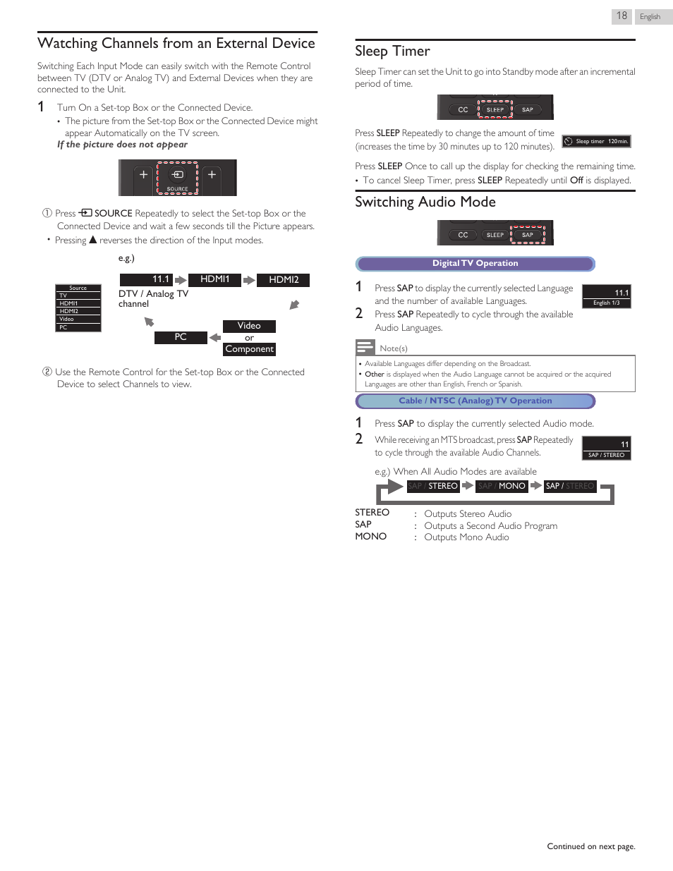 Watching channels from an external device, Sleep timer, Switching audio mode | Philips 3000 series LED-LCD TV 32PFL3509 32" class-po User Manual | Page 18 / 39