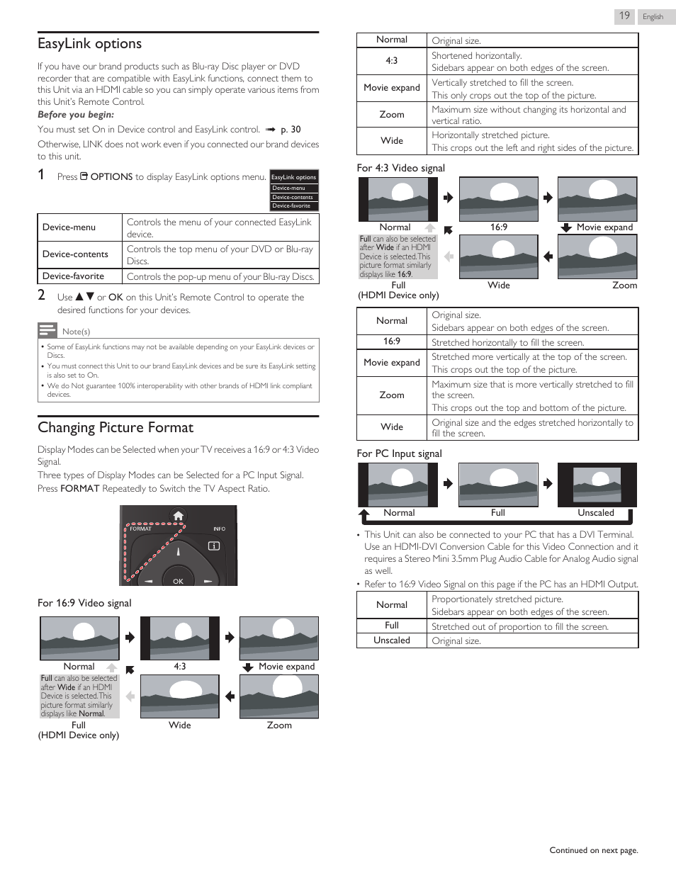 Easylink options, Changing picture format | Philips 3000 series LED-LCD TV 32PFL3509 32" class-po User Manual | Page 19 / 39