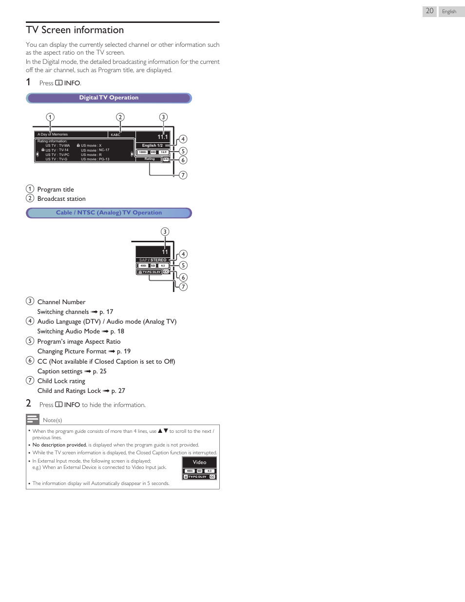 Tv screen information, Press t info, A program title b broadcast station | Ce d f g, Press t info to hide the information | Philips 3000 series LED-LCD TV 32PFL3509 32" class-po User Manual | Page 20 / 39