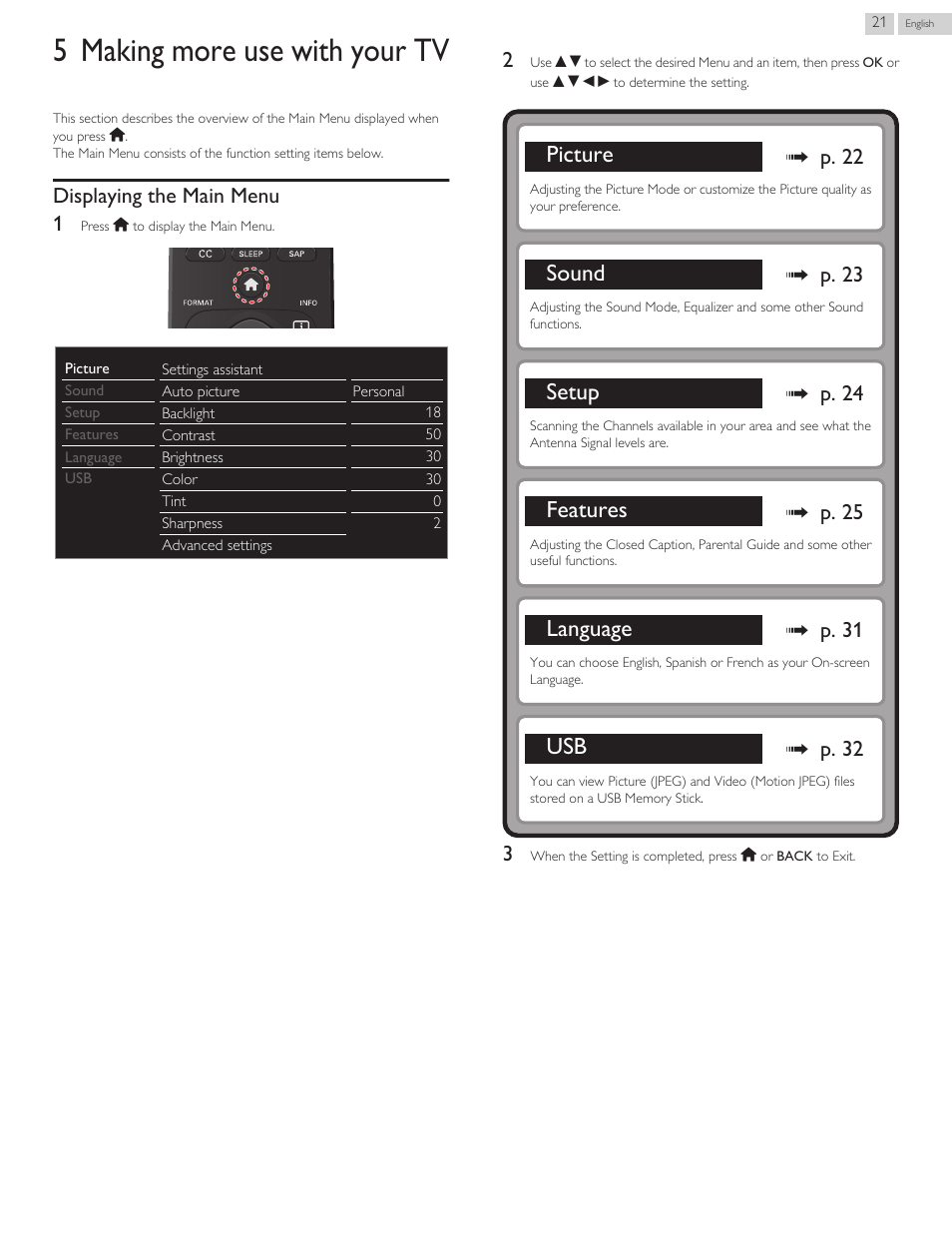 Making more use with your tv, Displaying the main menu, 5 making more use with your tv | Picture, Sound, Setup, Features, Language, Displaying the main menu 1, L p. 22 | Philips 3000 series LED-LCD TV 32PFL3509 32" class-po User Manual | Page 21 / 39