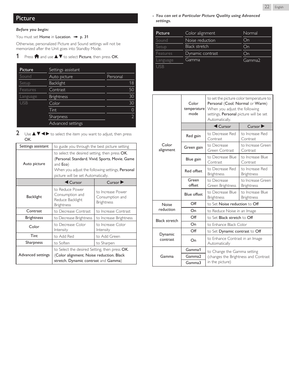 Picture, Settings assistant l p. 22, L p. 22 | Philips 3000 series LED-LCD TV 32PFL3509 32" class-po User Manual | Page 22 / 39