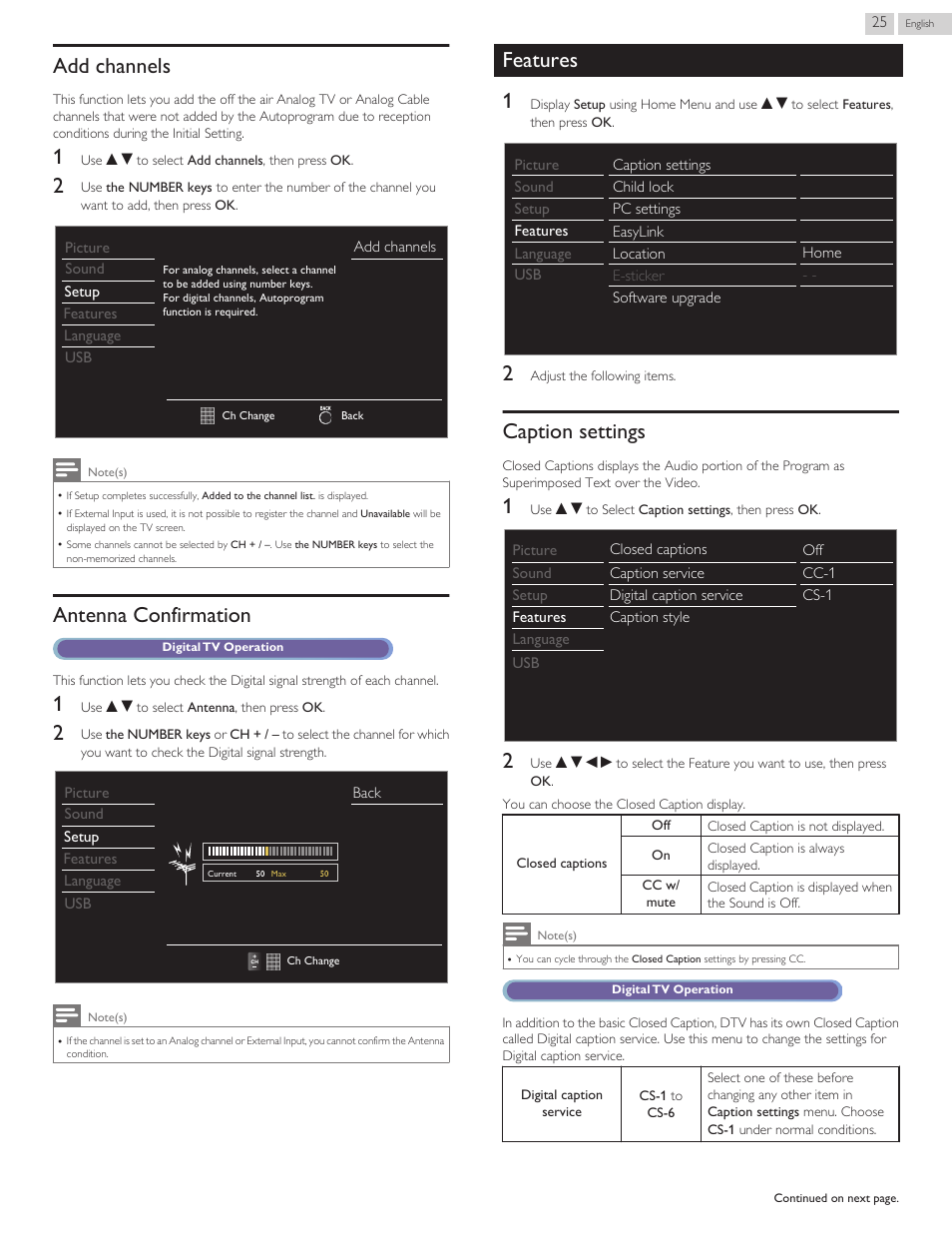 Add channels, Antenna confirmation, Features | Caption settings, Add channels l p. 25, Caption settings l p. 25, L p. 25, Features 1 | Philips 3000 series LED-LCD TV 32PFL3509 32" class-po User Manual | Page 25 / 39