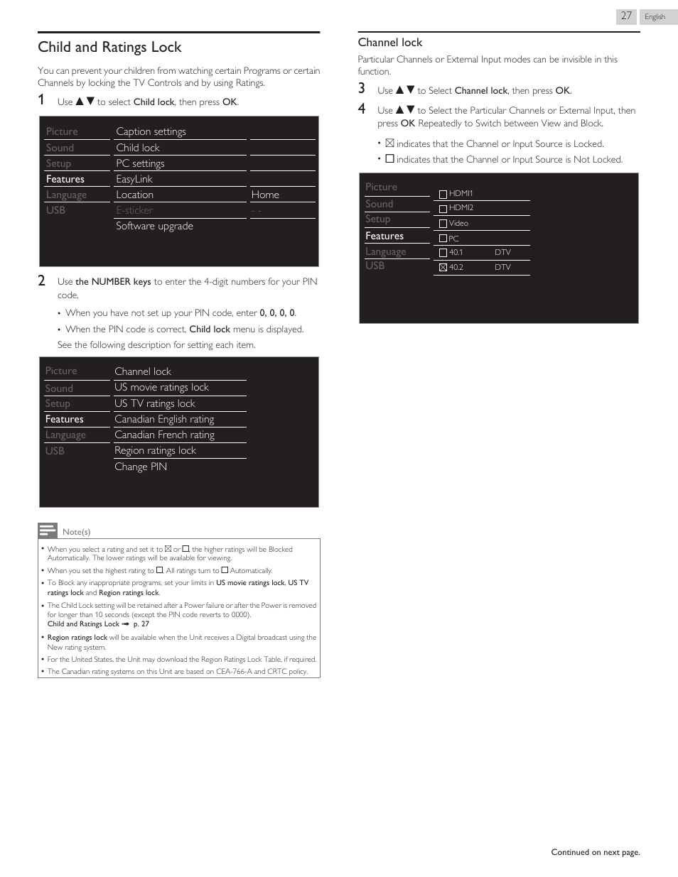 Child and ratings lock, Child and ratings lock l p. 27, Channel lock | Philips 3000 series LED-LCD TV 32PFL3509 32" class-po User Manual | Page 27 / 39