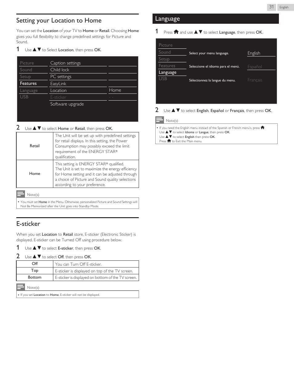 Setting your location to home, E-sticker, Language | Language l p. 31, Location l p. 31, L p. 31, Language 1 | Philips 3000 series LED-LCD TV 32PFL3509 32" class-po User Manual | Page 31 / 39