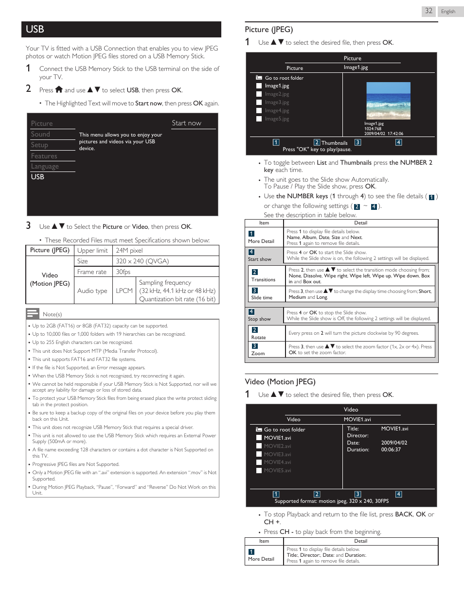 L p. 32, Picture (jpeg), Video (motion jpeg) | Philips 3000 series LED-LCD TV 32PFL3509 32" class-po User Manual | Page 32 / 39