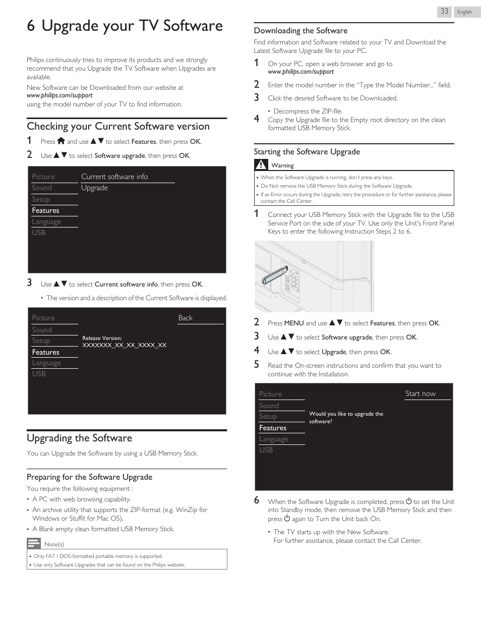 Upgrade your tv software, Checking your current software version, Upgrading the software | 6 upgrade your tv software, Checking your current software version 1 | Philips 3000 series LED-LCD TV 32PFL3509 32" class-po User Manual | Page 33 / 39