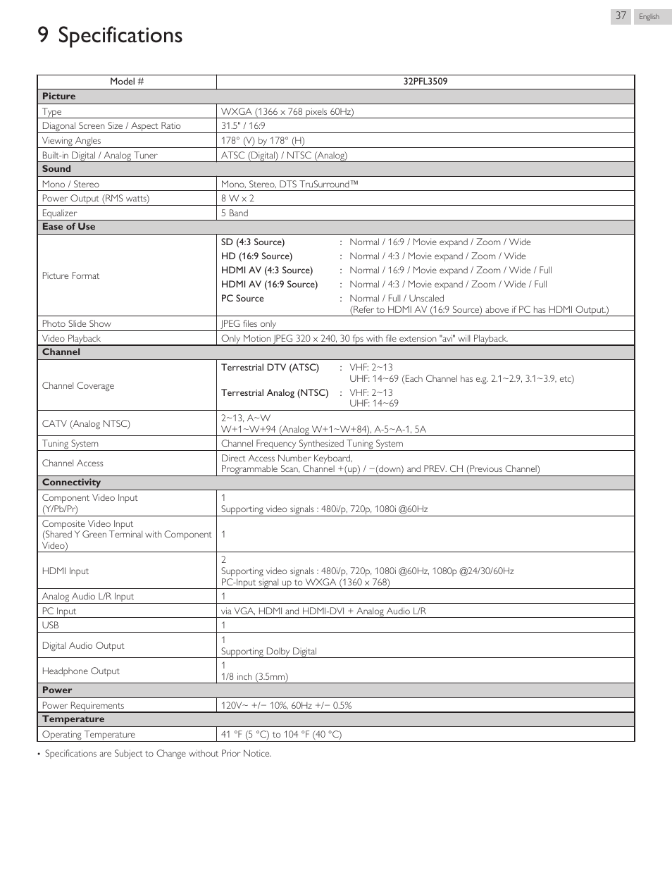 Specifications, 9 specifications | Philips 3000 series LED-LCD TV 32PFL3509 32" class-po User Manual | Page 37 / 39