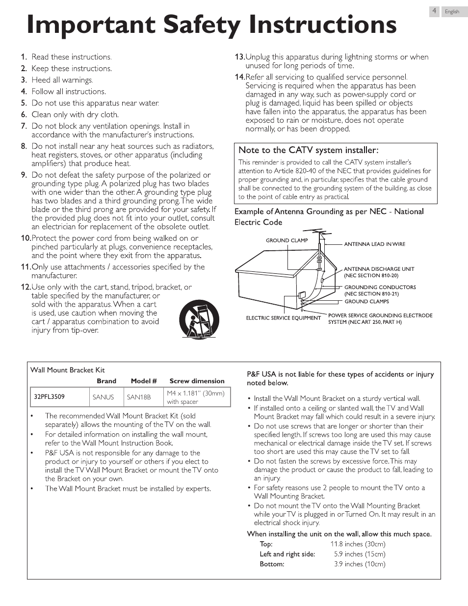 Important safety instructions | Philips 3000 series LED-LCD TV 32PFL3509 32" class-po User Manual | Page 4 / 39