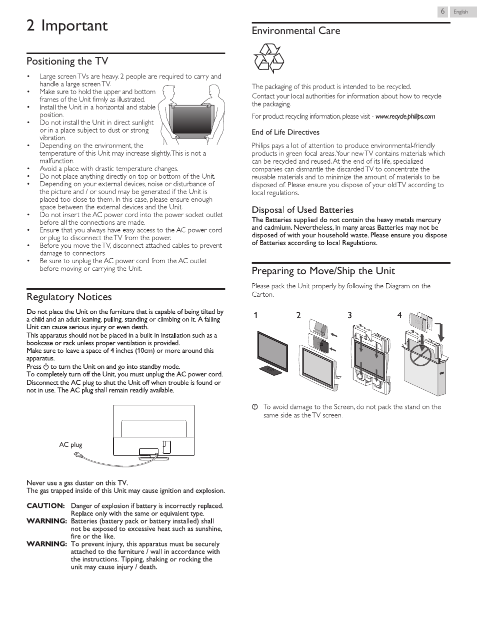 Important, Positioning the tv, Regulatory notices | Environmental care, Preparing to move/ship the unit, 2 important | Philips 3000 series LED-LCD TV 32PFL3509 32" class-po User Manual | Page 6 / 39