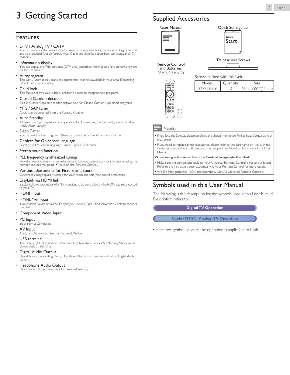 Getting started, Features, Supplied accessories | Symbols used in this user manual, 3 getting started | Philips 3000 series LED-LCD TV 32PFL3509 32" class-po User Manual | Page 7 / 39
