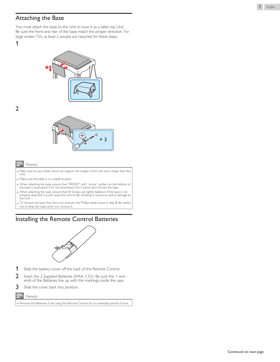 Attaching the base, Installing the remote control batteries, Installing the remote control batteries 1 | Philips 3000 series LED-LCD TV 32PFL3509 32" class-po User Manual | Page 8 / 39