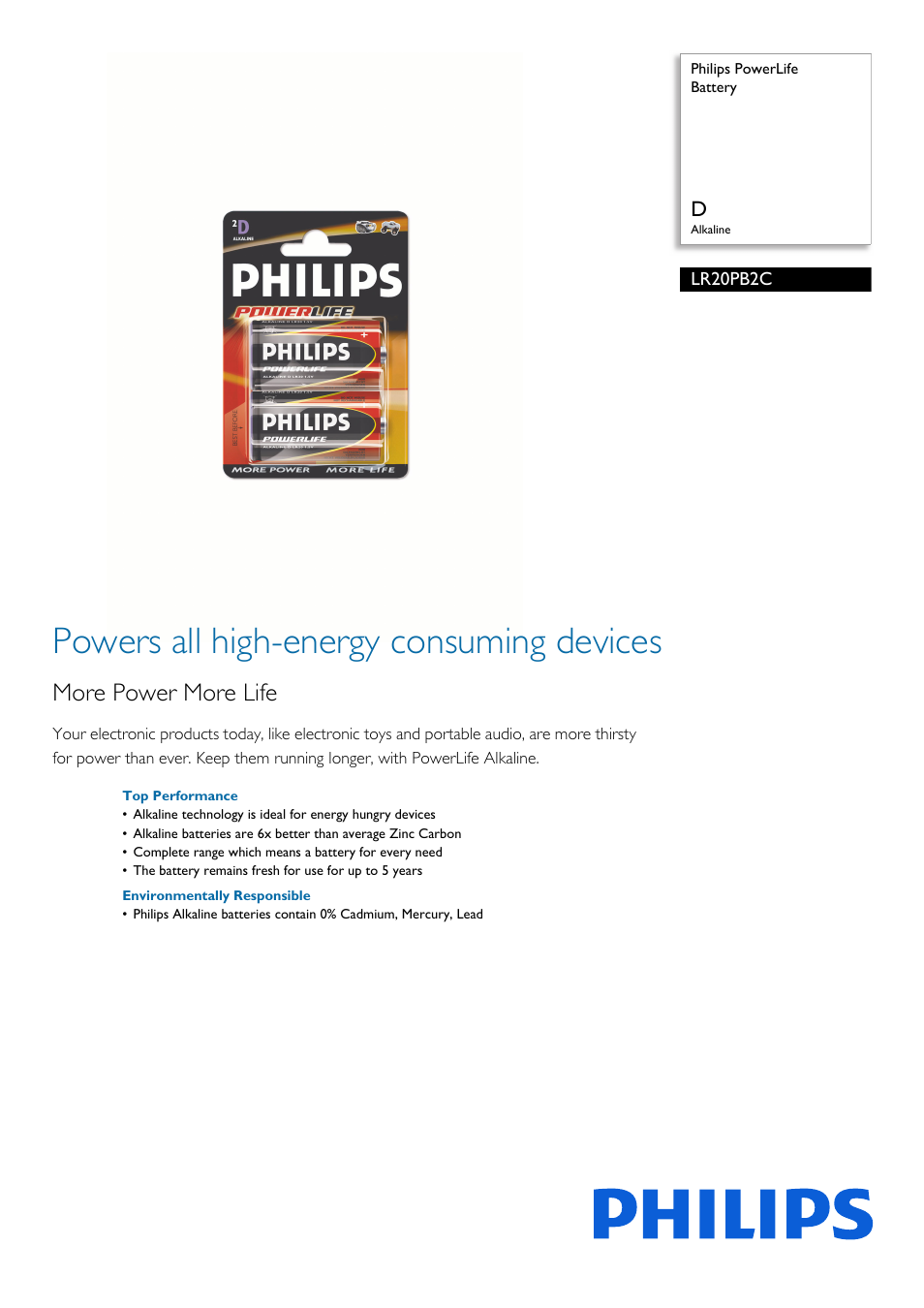 Philips PowerLife Battery LR20PB2C D Alkaline User Manual | 2 pages