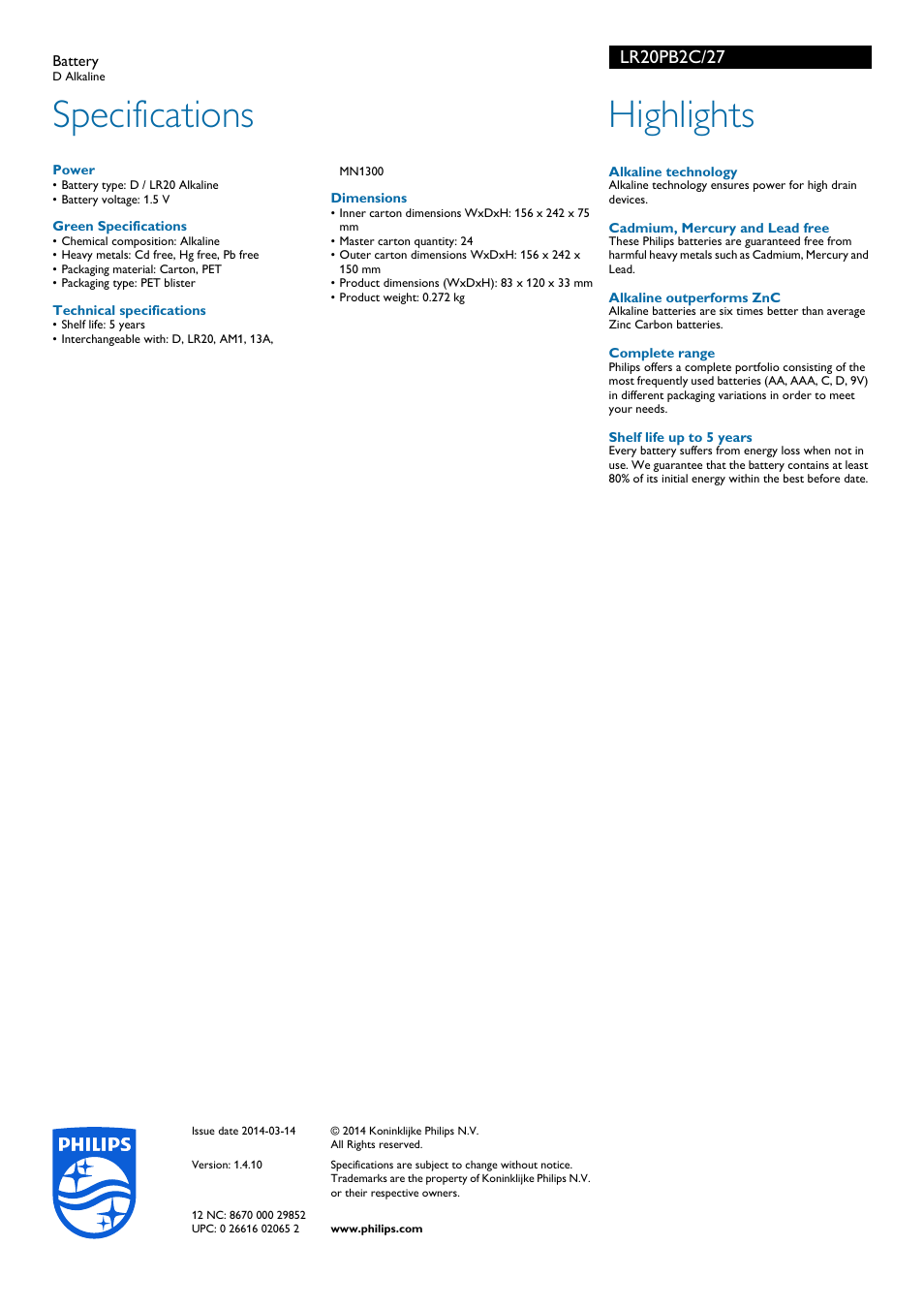 Specifications, Highlights | Philips PowerLife Battery LR20PB2C D Alkaline User Manual | Page 2 / 2