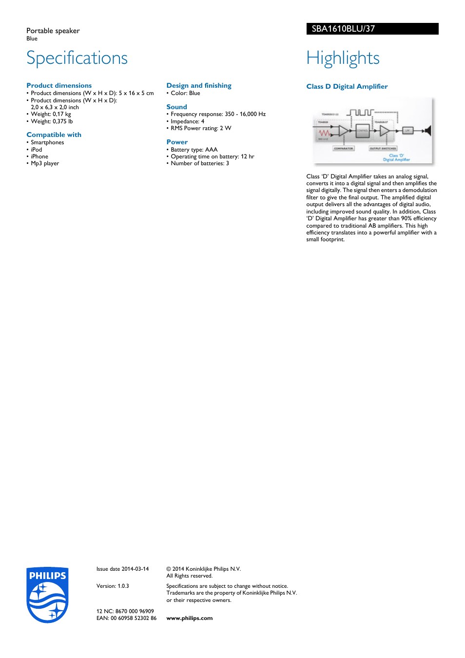 Specifications, Highlights | Philips SBA1610BLU-37 User Manual | Page 2 / 2