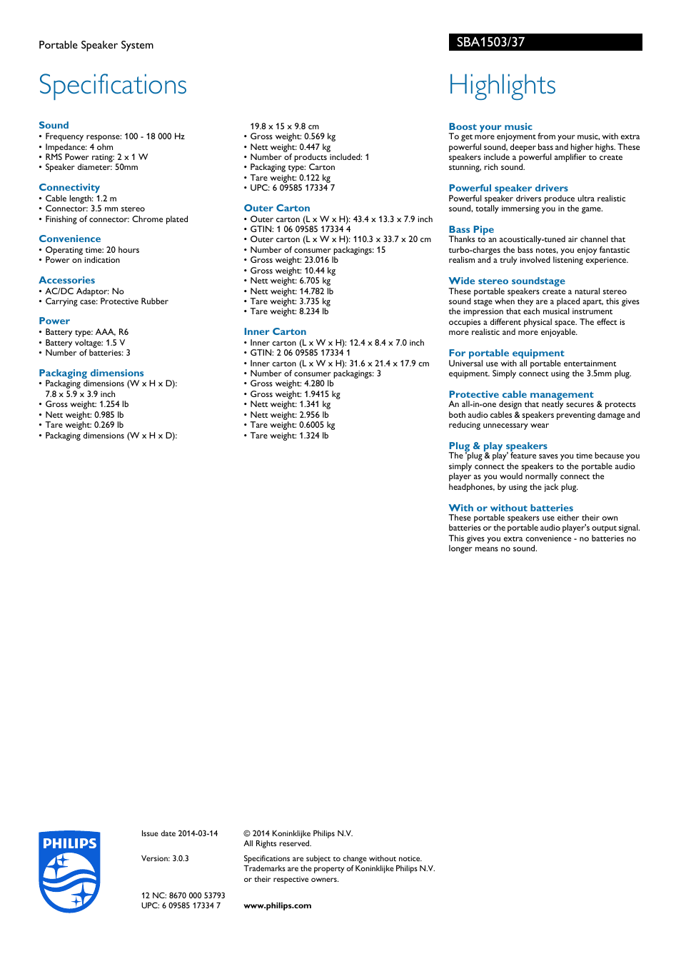 Specifications, Highlights | Philips SBA1503-37 User Manual | Page 2 / 2