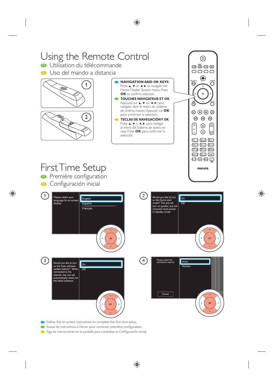 Using the remote control, First time setup, Utilisation du télécommande | Uso del mando a distancia, Première confi guration, Confi guración inicial | Philips HTS3306-F7 User Manual | Page 7 / 8