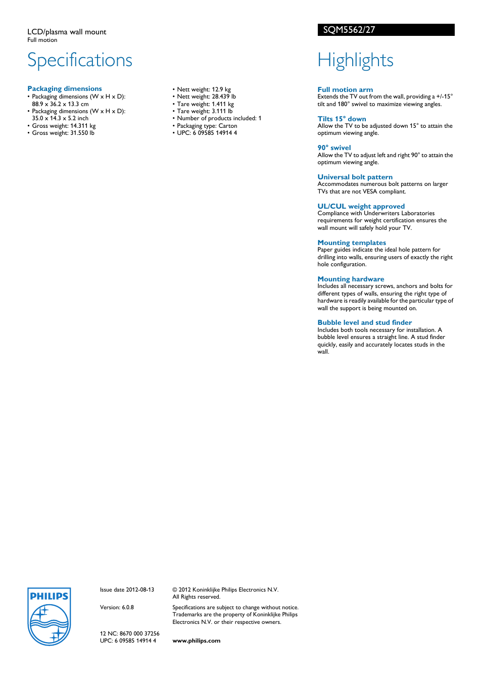 Specifications, Highlights | Philips SQM5562-27 User Manual | Page 2 / 2