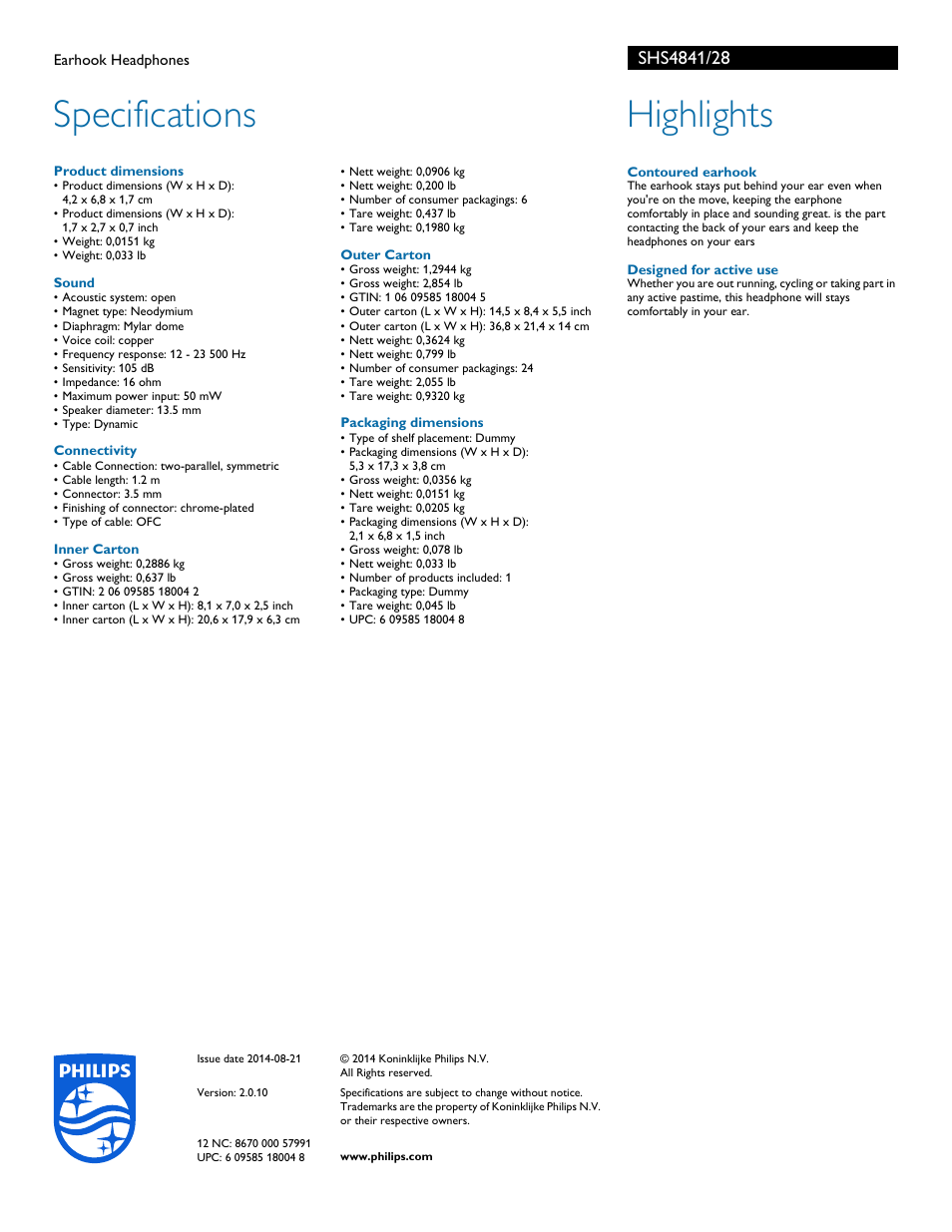 Specifications, Highlights | Philips SHS4841-28 User Manual | Page 2 / 2