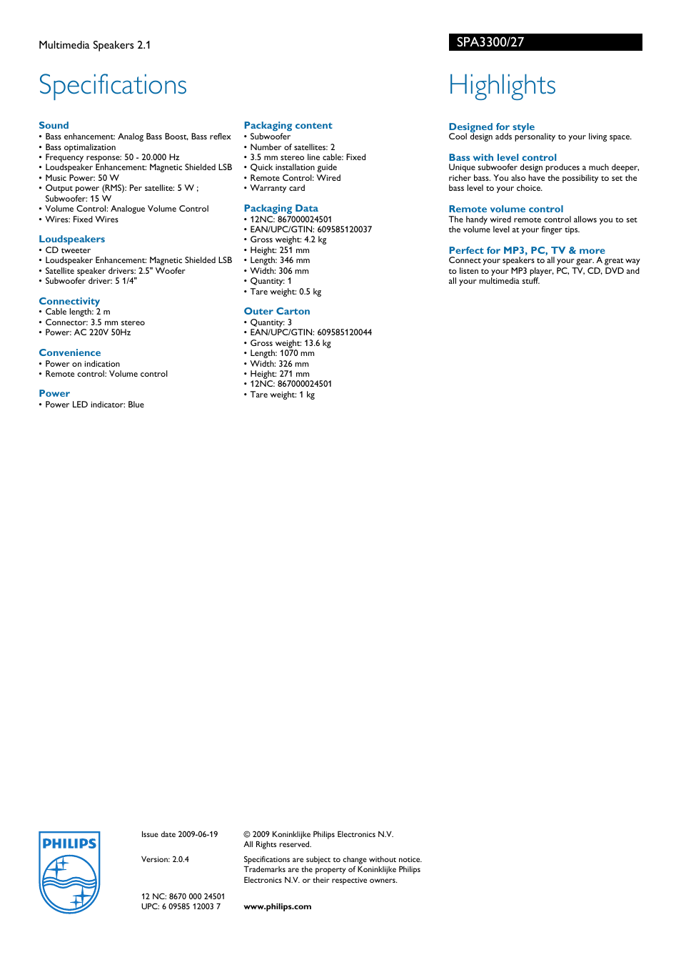 Specifications, Highlights | Philips SPA3300-27 User Manual | Page 2 / 2