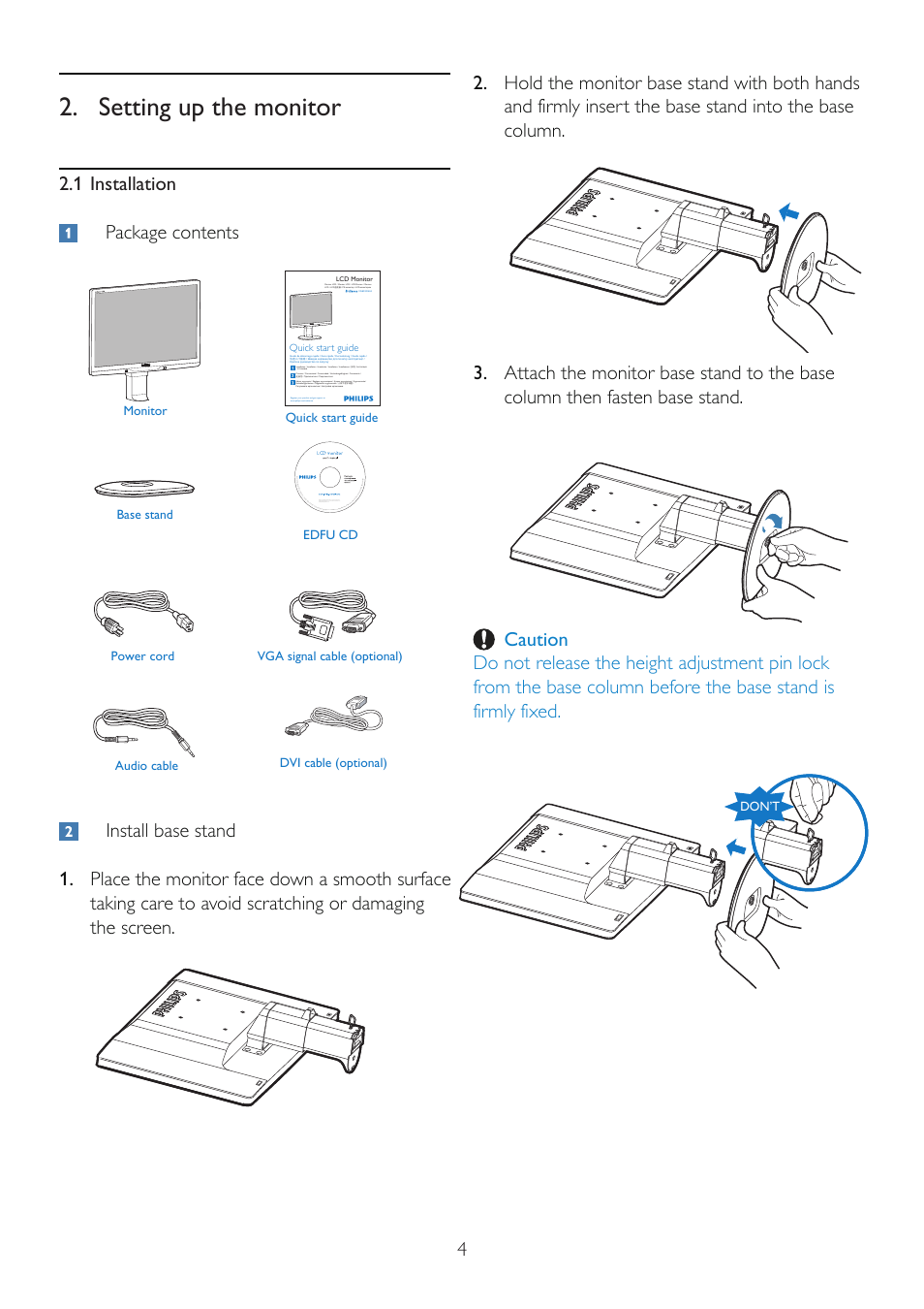 Setting up the monitor, 1 installation package contents | Philips 225B2CS-00 User Manual | Page 6 / 55