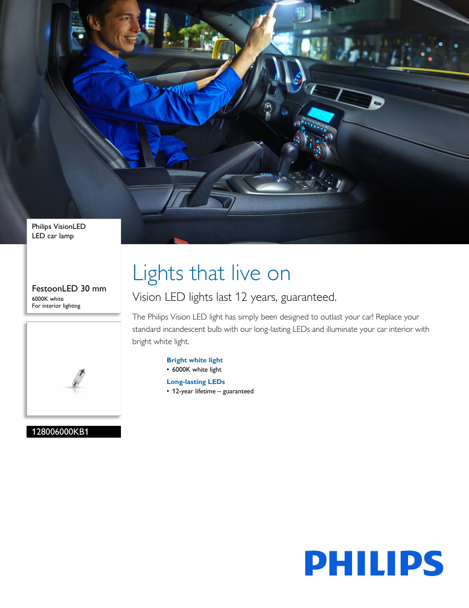 Philips VisionLED LED car lamp 128006000KB1 FestoonLED 30 mm 6000K white For interior lighting User Manual | 2 pages
